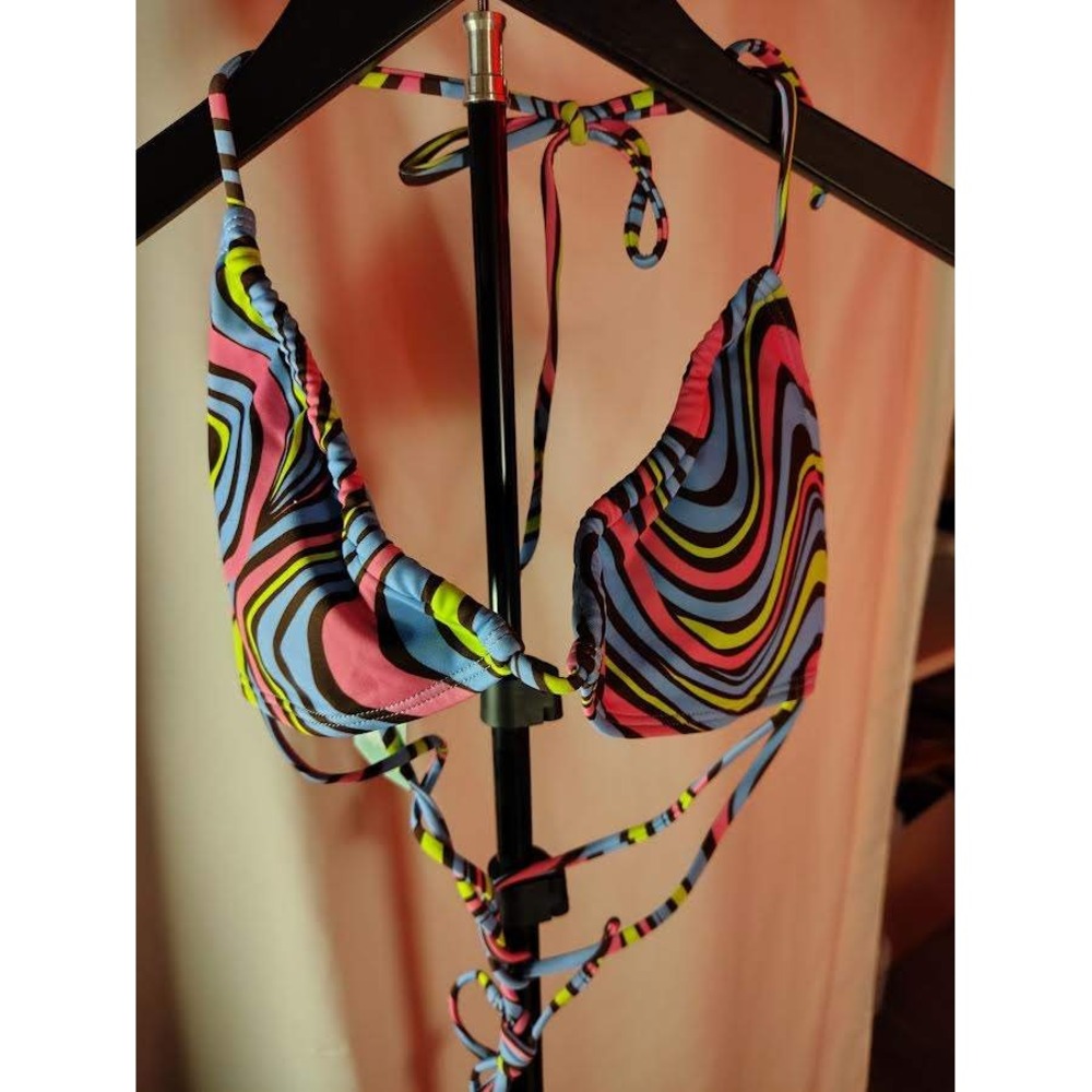 Full Tilt Swim Top Medium Multi‎ Color Wave Tie Halter Bikini Swimsuit